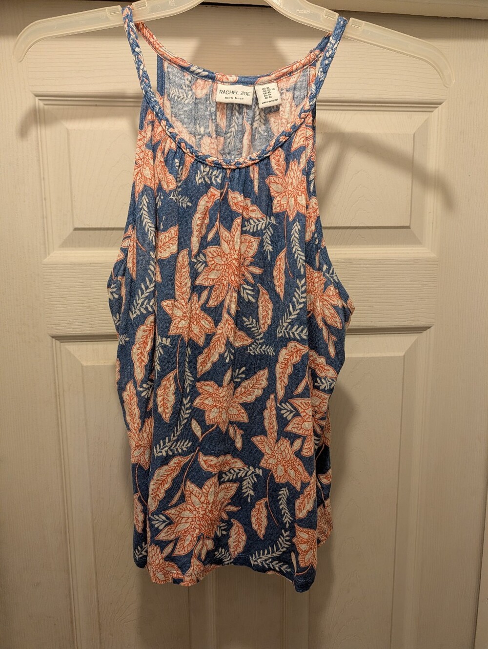Rachel Zoe Navy and Coral 100% Linen Floral Halter XL tank